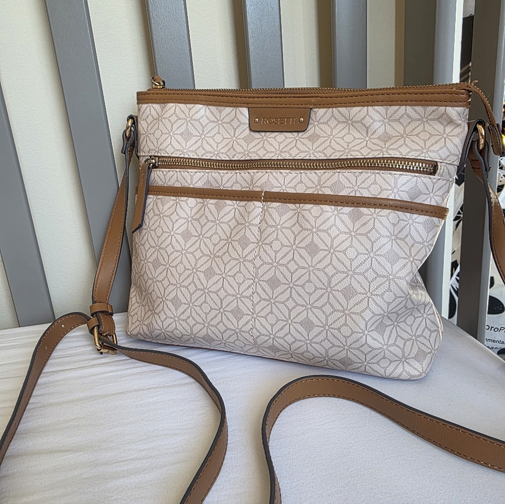 Rosetti Cream and Tan Faux Leather Geometric Diamond Pattern Crossbody Bag - Picture 1 of 12